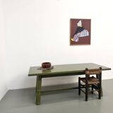 Glossy olive green lacquered dining table — DLG Georges Robert, Circa 1970