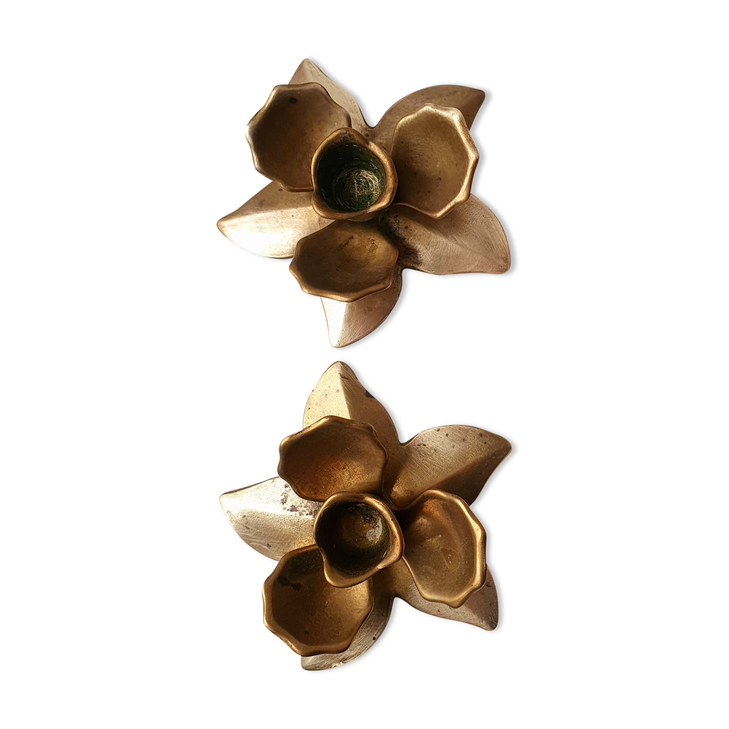 Two brass flower candlesticks