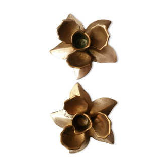 Two brass flower candlesticks