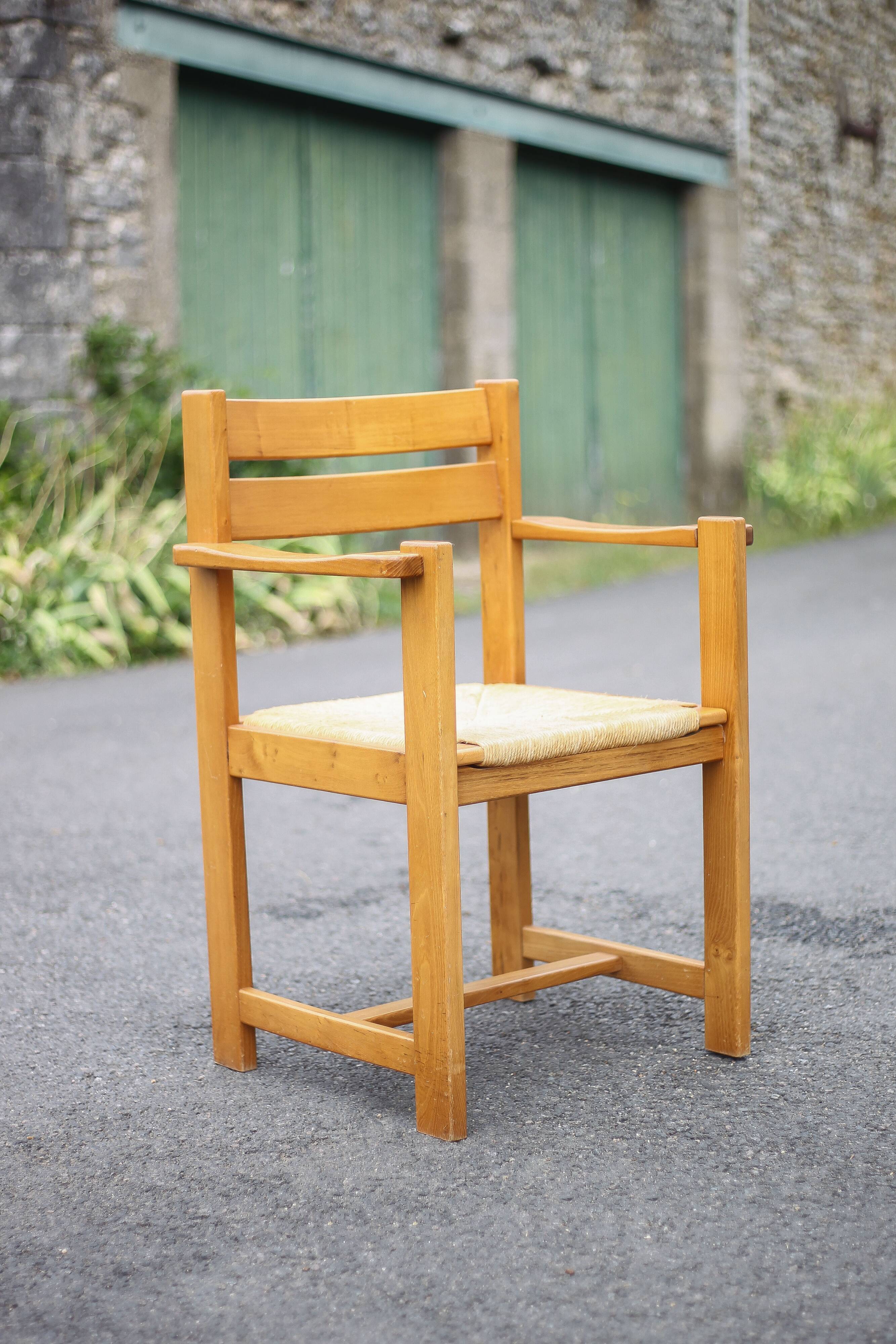 Vintage armchair, elm wood armchair Maison Regain, vintage straw chair.