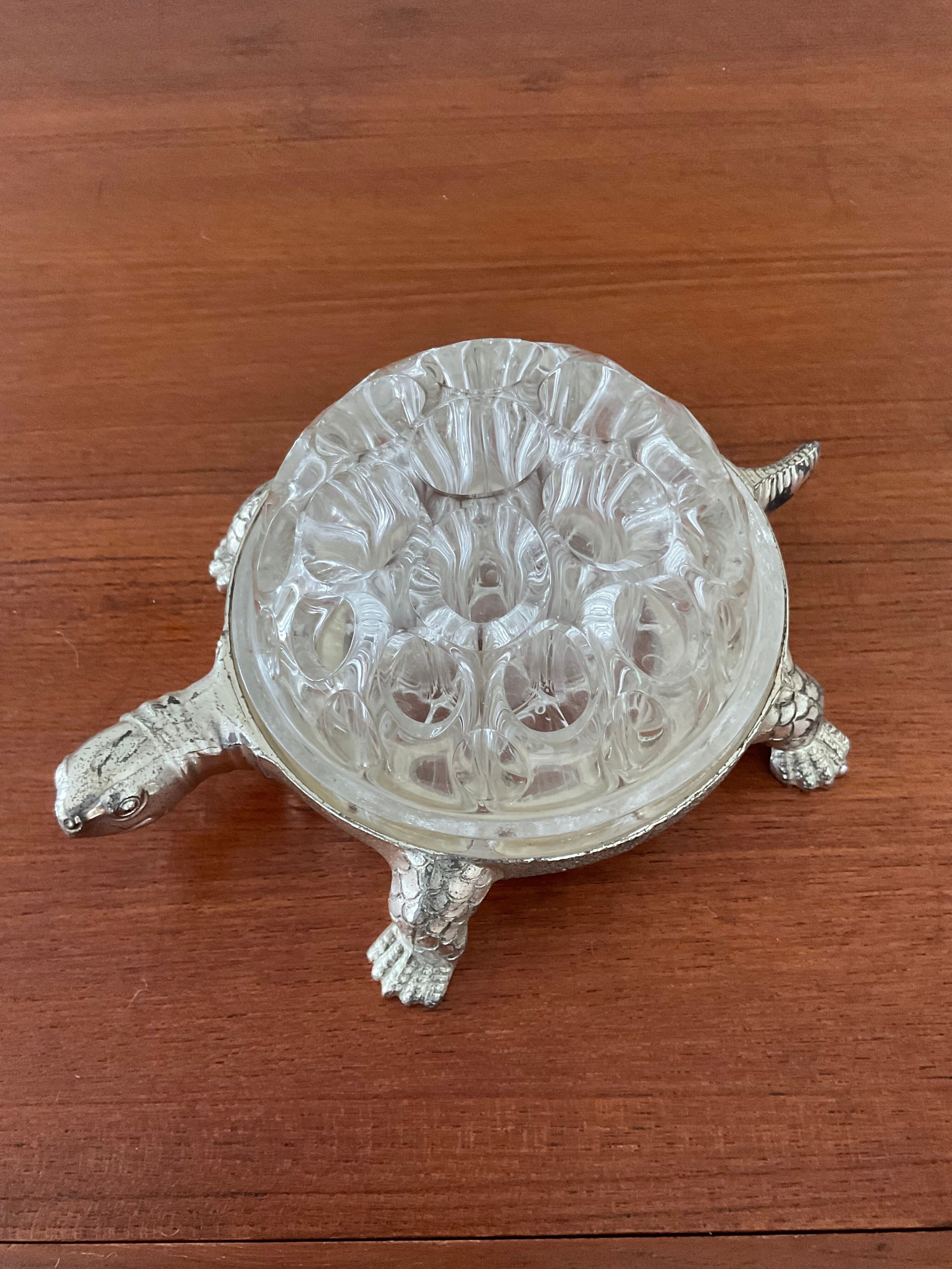 Vintage turtle flowerpeed in silver metal and glass From Reims