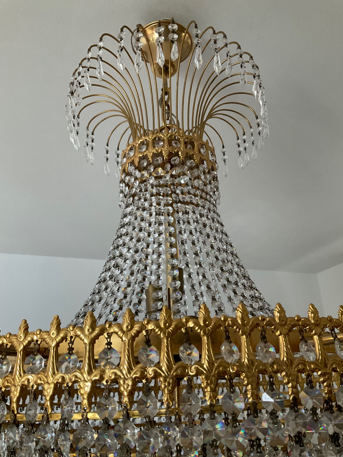 Brass chandelier and crystal tassel waterfall