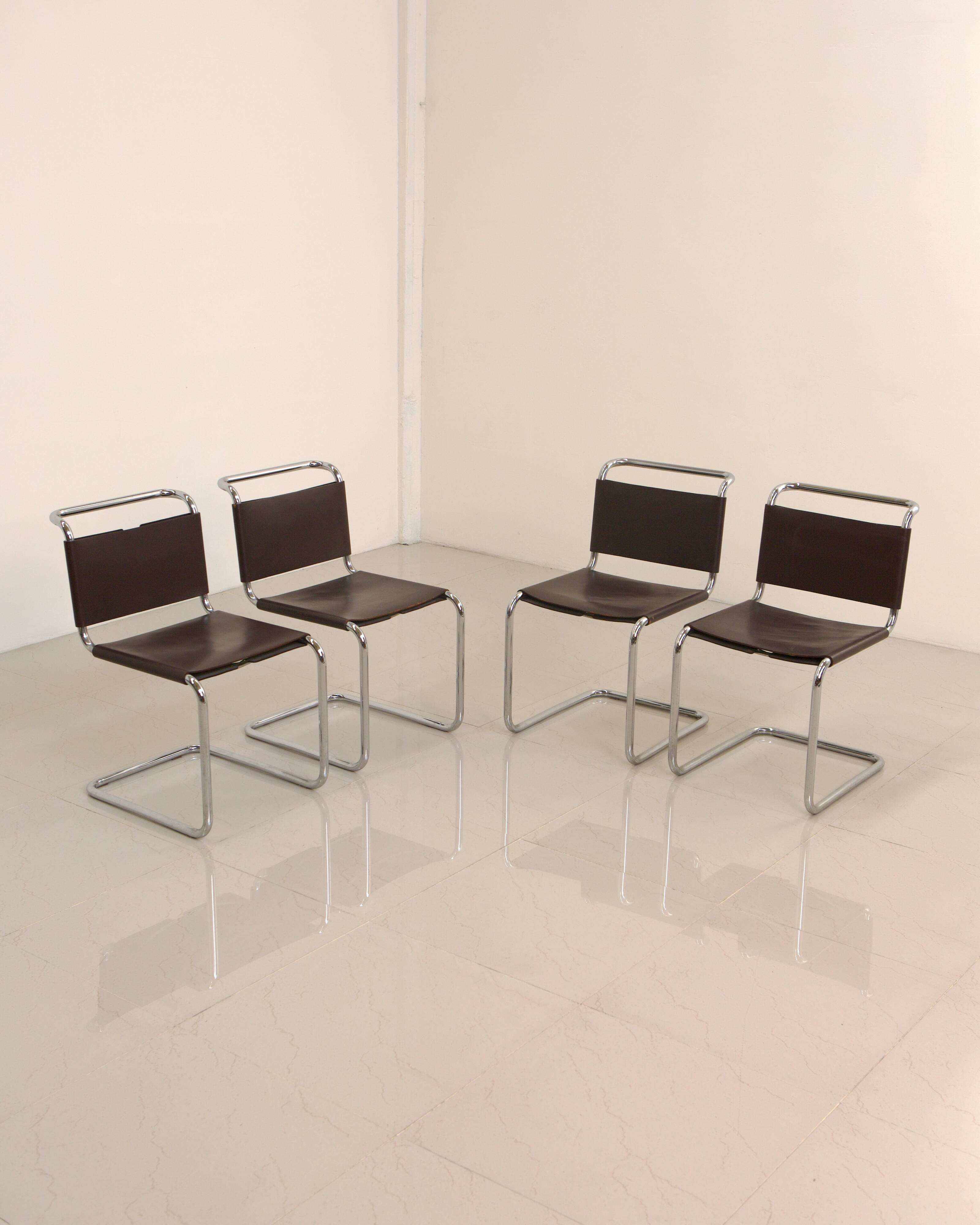 Set of 4 "S33" chairs in brown leather by Mart Stam for Gavina 60's
