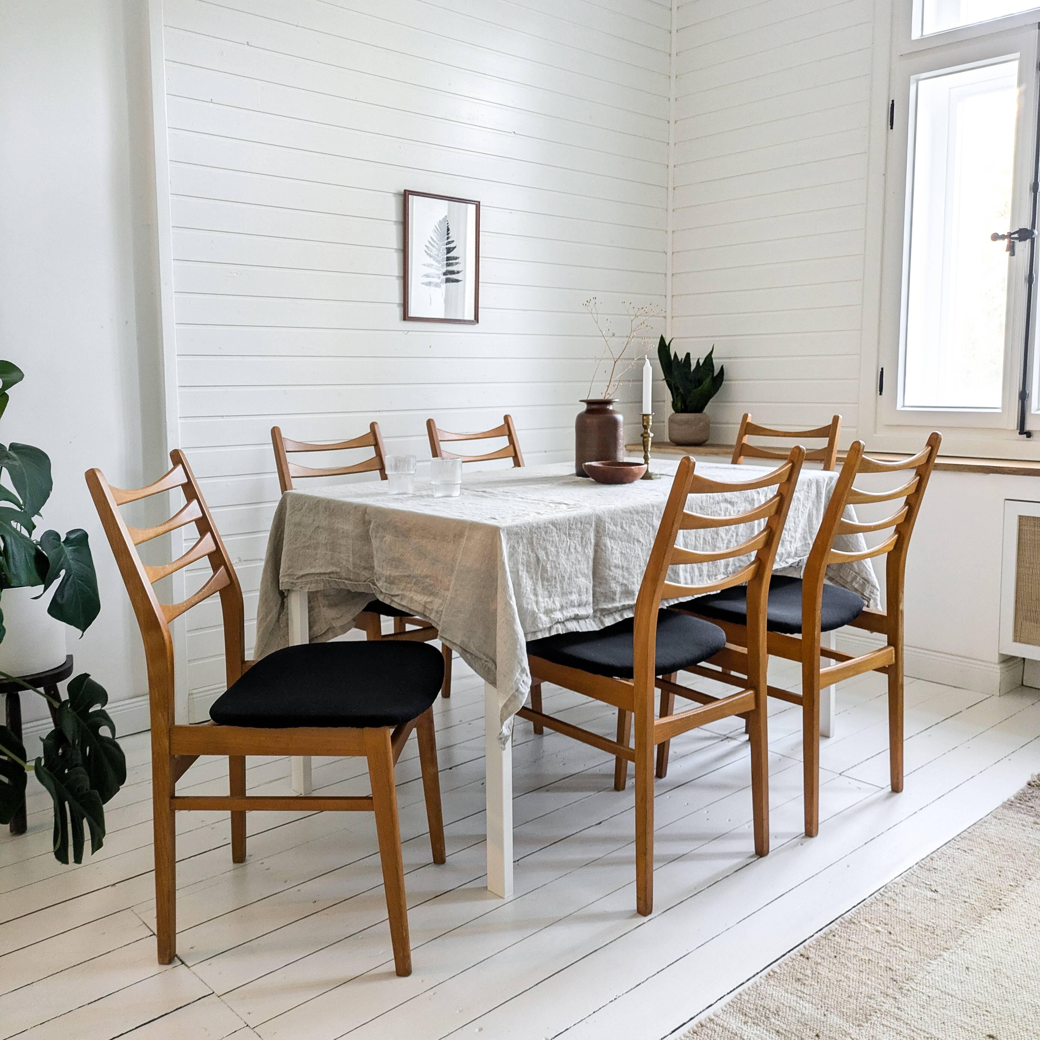 Lot de 6 chaises vintage bois assise tissu, style Mid-Century scandinave