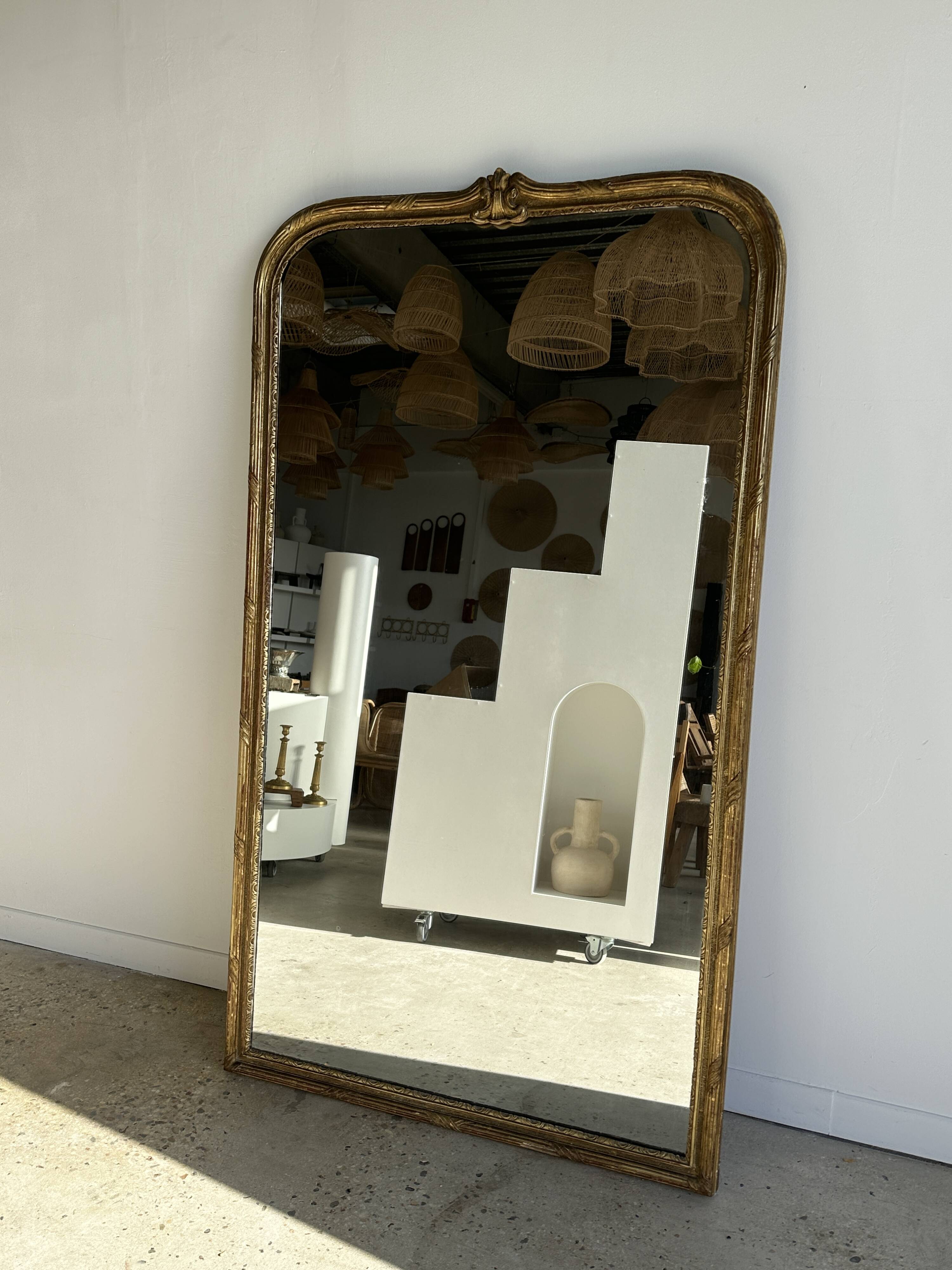 Large gilded mirror 19th century rounded corners mercury glass Louis XVI style