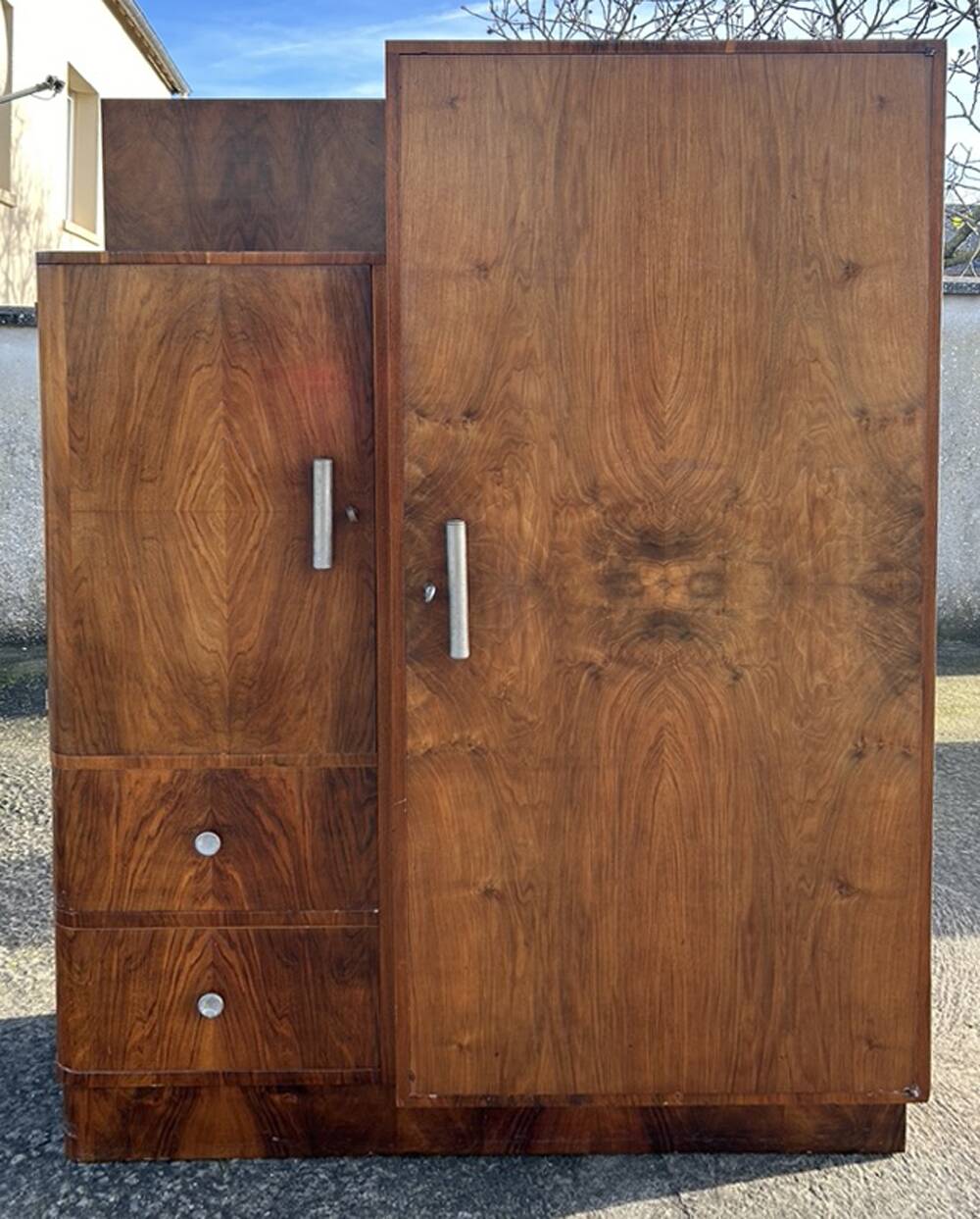 Asymmetrical wardrobe, Art Deco, 1930s walnut burl, wardrobe, shelves, drawers