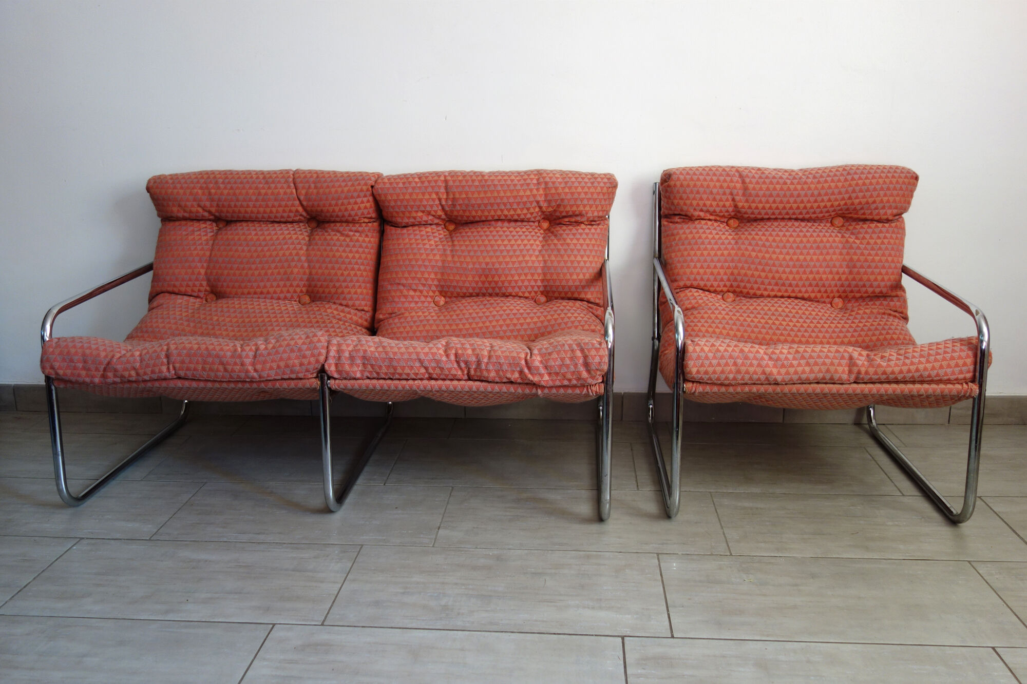 Sofa and armchair chrome steel and fabric 70s / 80s
