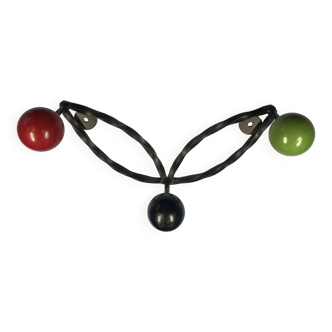 coat rack, 3 colored ball hook in painted wood & wrought iron