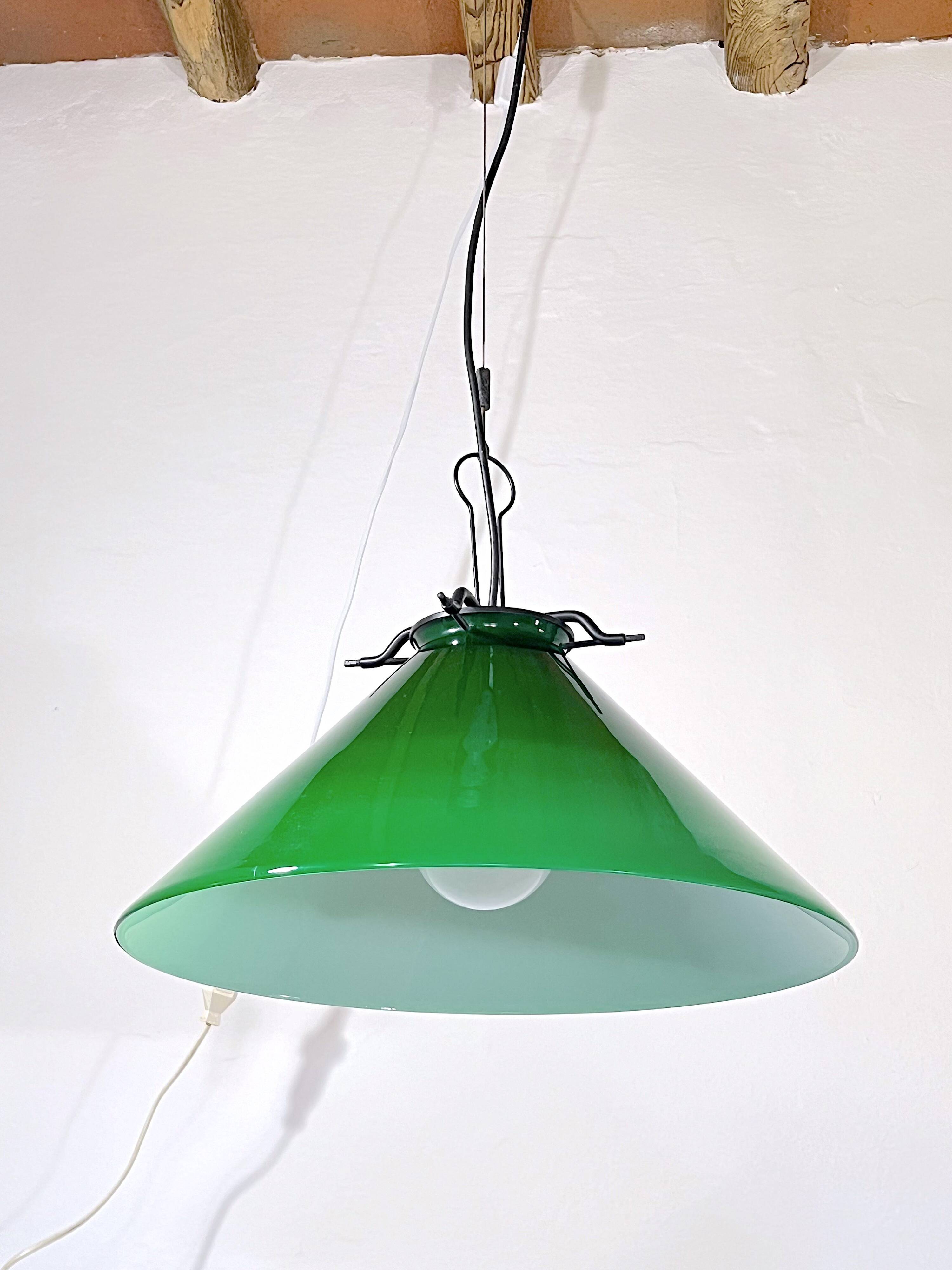 Green Murano conical pendant light, Italy 1980.