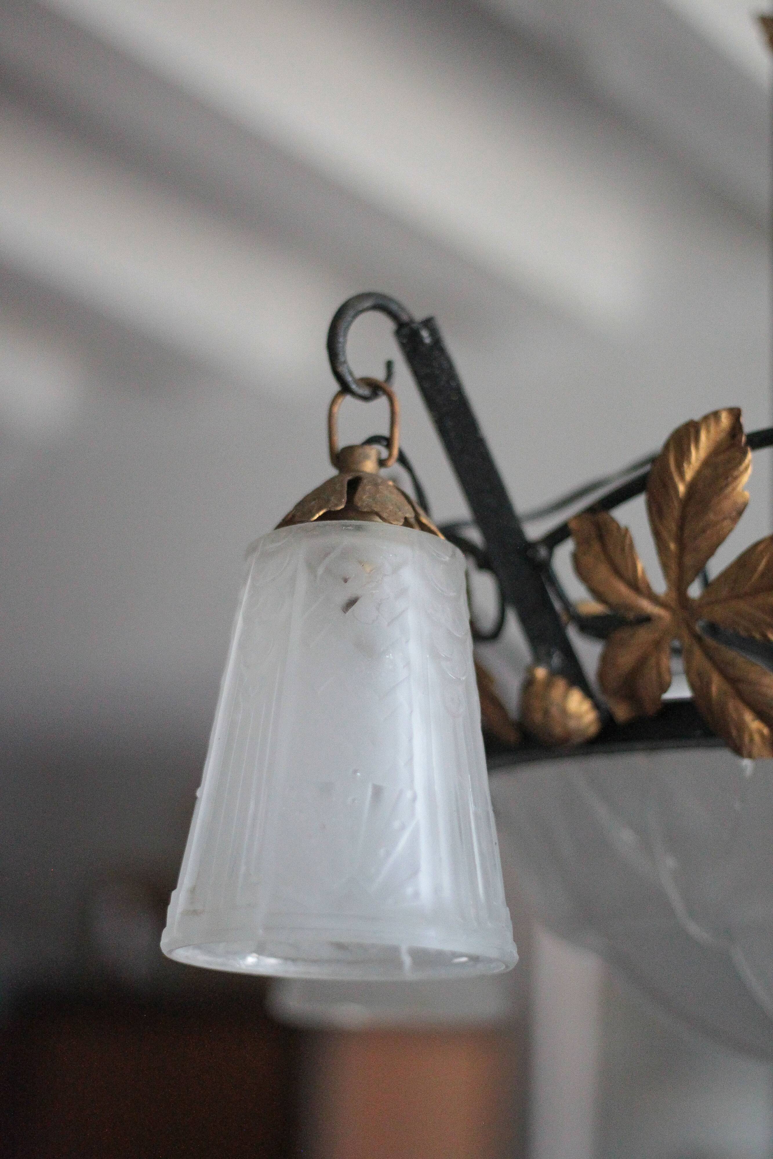 Art Deco wrought iron and glass chandelier Muller Frères Luneville, Art Nouveau