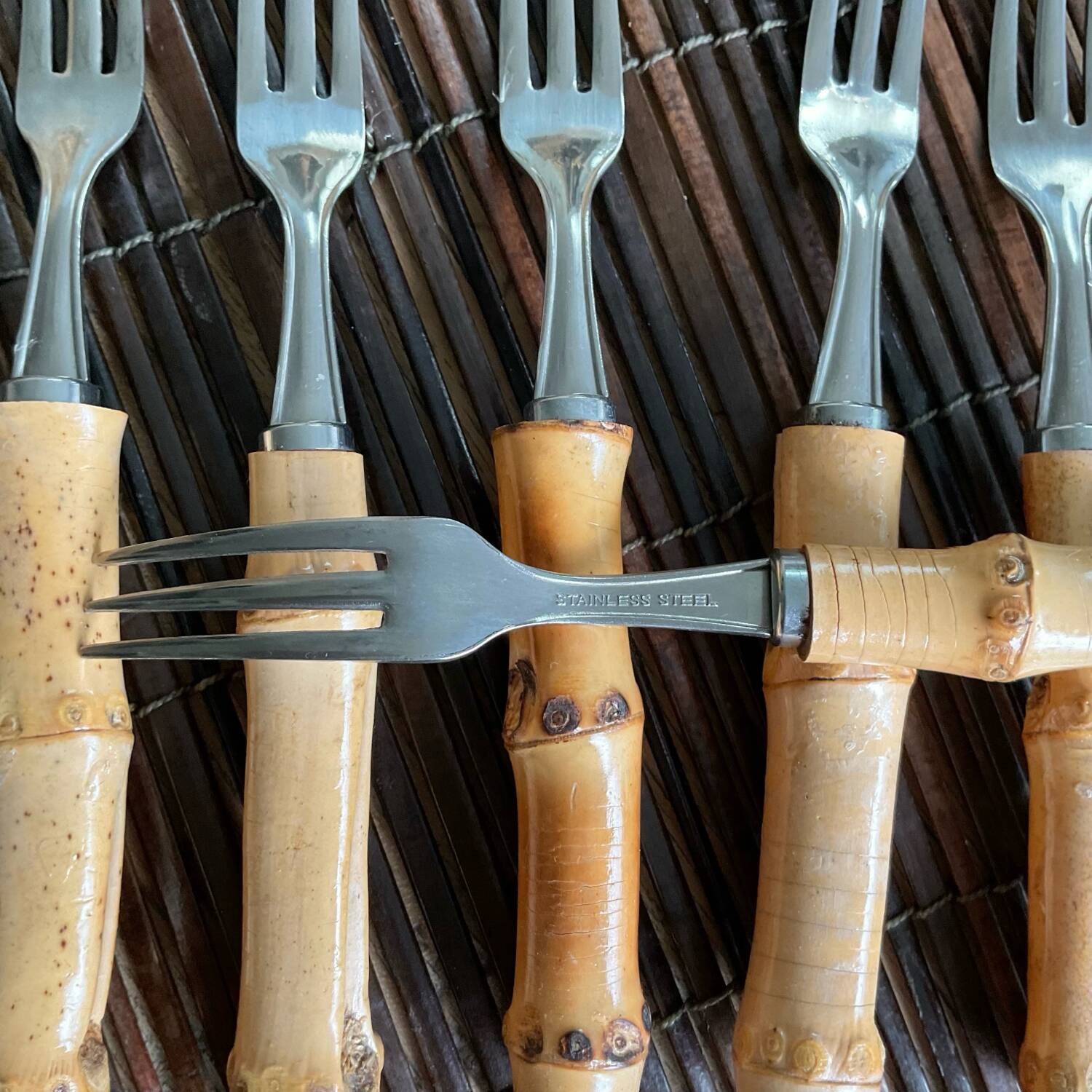 6 small vintage bamboo forks