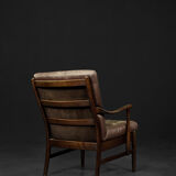 Vintage mid-century danish modern beech & brown leather armchair from farstrup møbler, 1970s