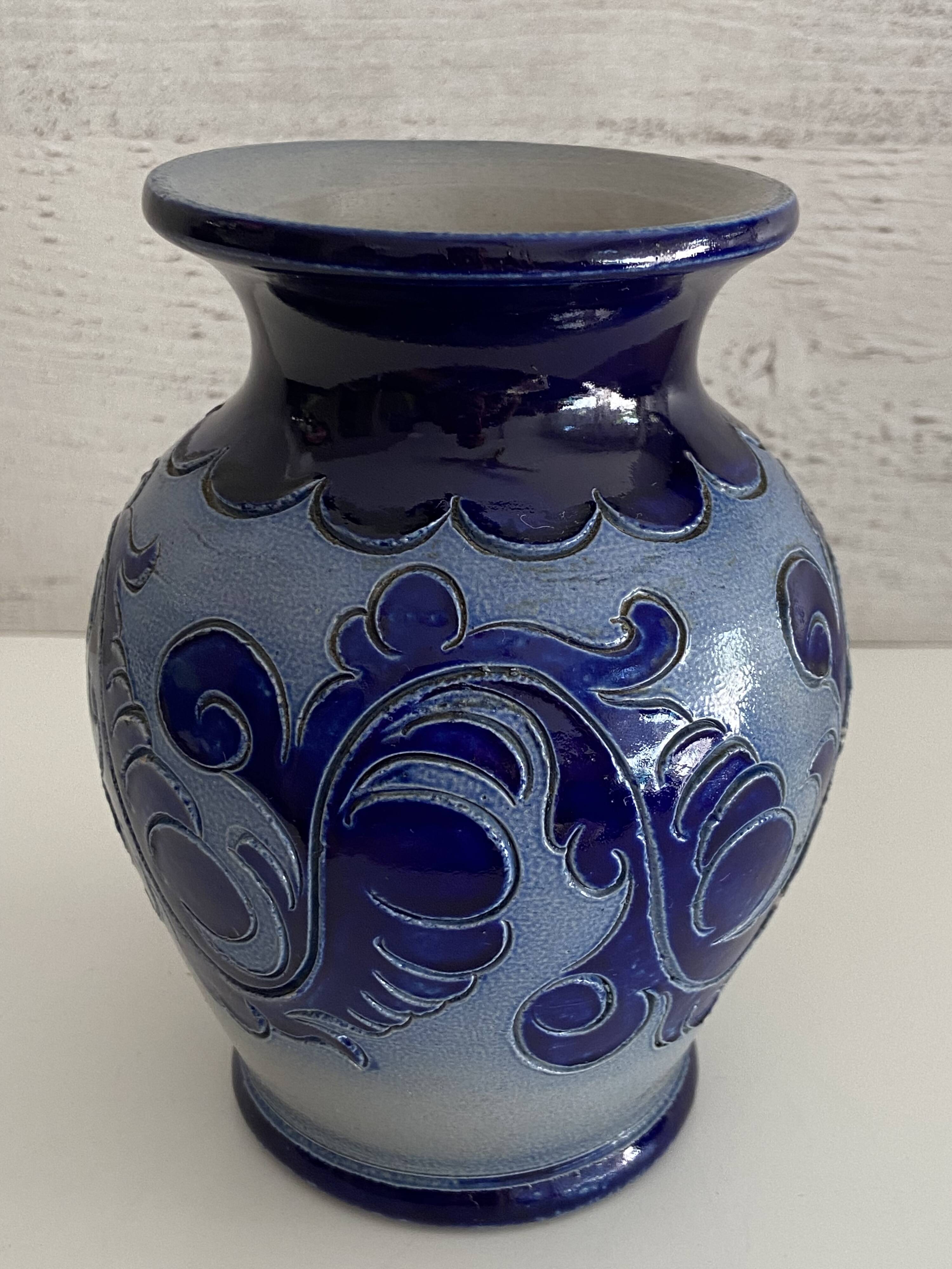 Antique Small Glazed Stoneware Vase, Chiseled, Alsace, Bestchdorf, Signed