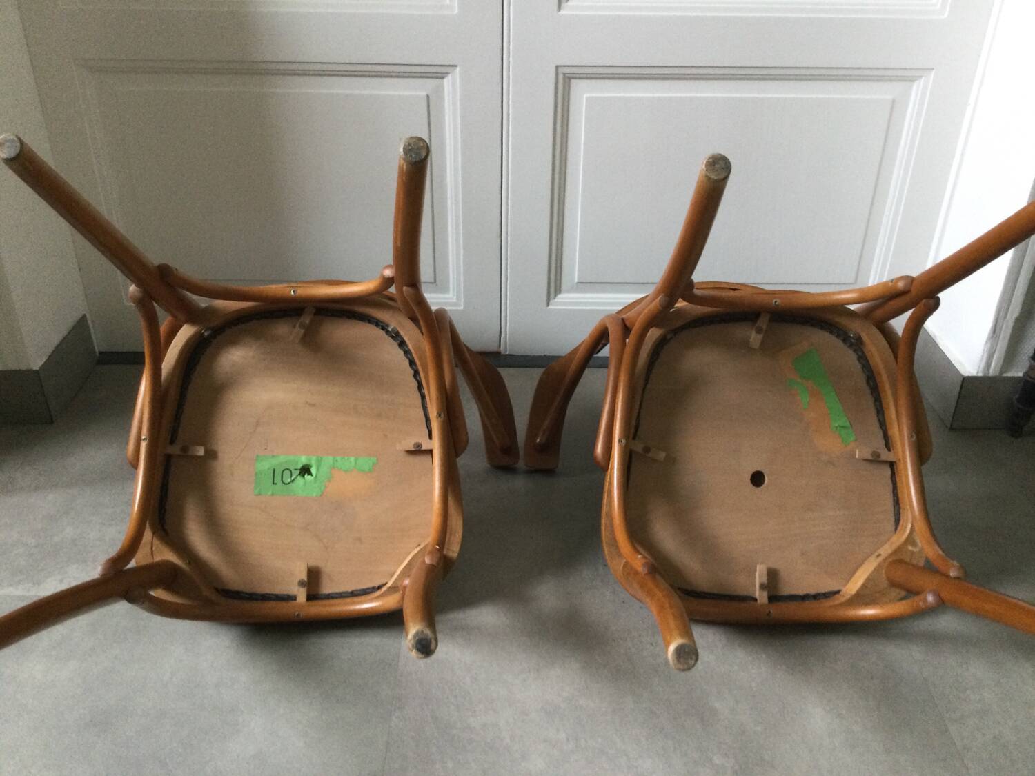 Pair of curved wooden bistro armchairs