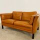 Vintage danish mid century mogens hansen 2 person tan cognac leather sofa