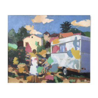 Oil on canvas "Vacances à Chamalières" (Auvergne) by I. Guisset