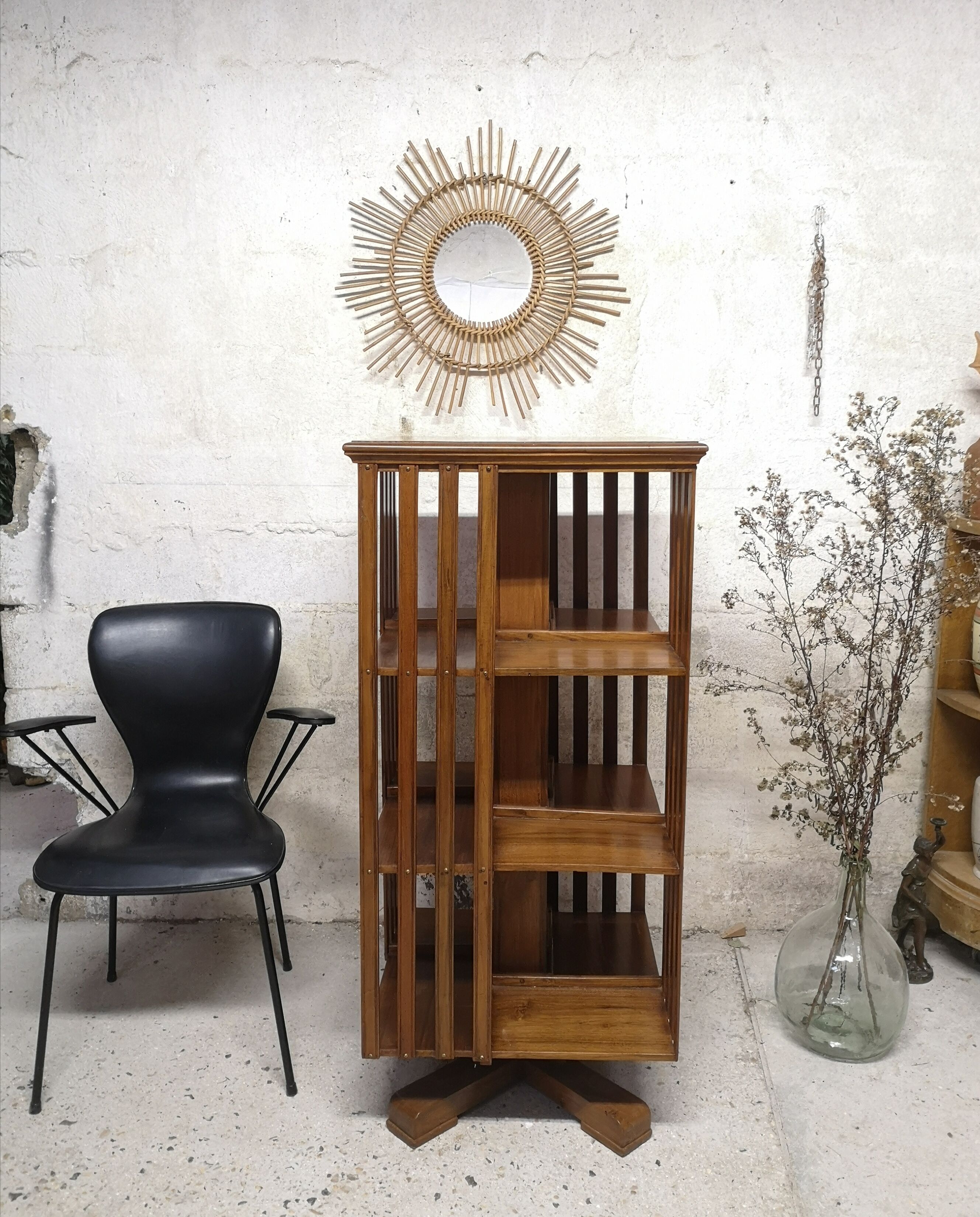 Old teak rotating bookcase