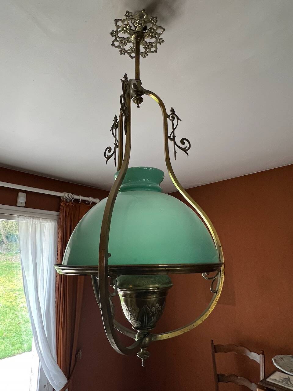Lustre Suspension Art Nouveau - Green Opaline and Brass - Belle Époque Style