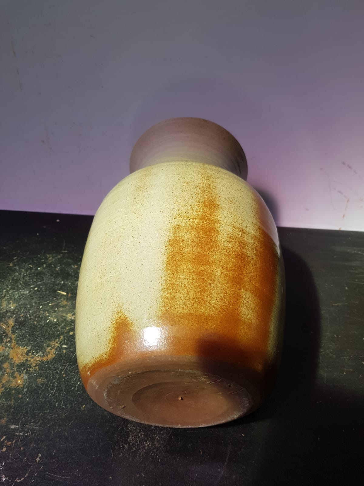Old brown sandstone vase & beige signed deco 70s vintage