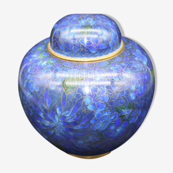 Pot a gingembre emaux cloisonne decor fond bleu et vert chine art asiatique