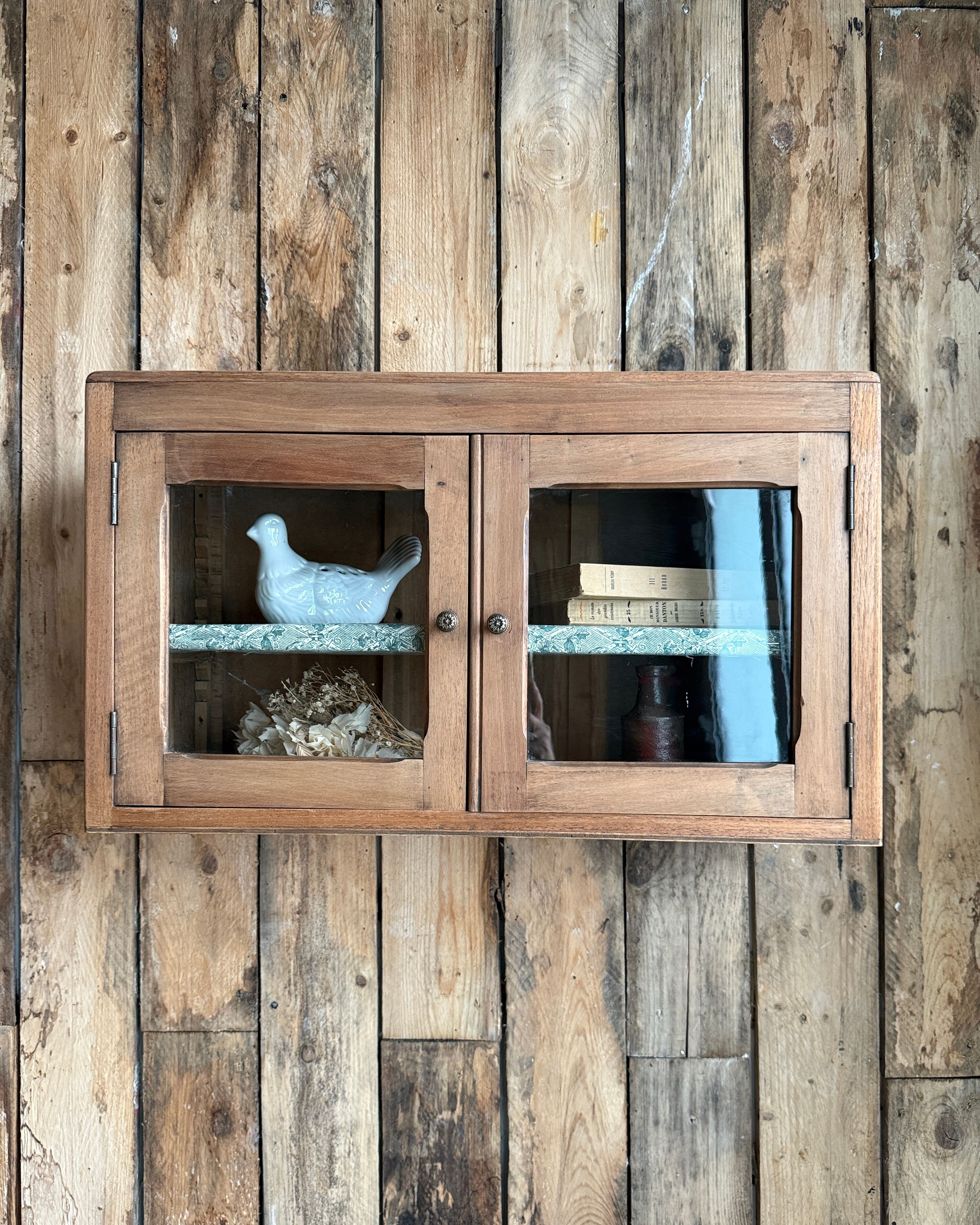 Small antique wall display cabinet in walnut.