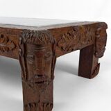 Table basse en chêne massif sculpté de faunes et plateau en marbre gris, France, circa 1940