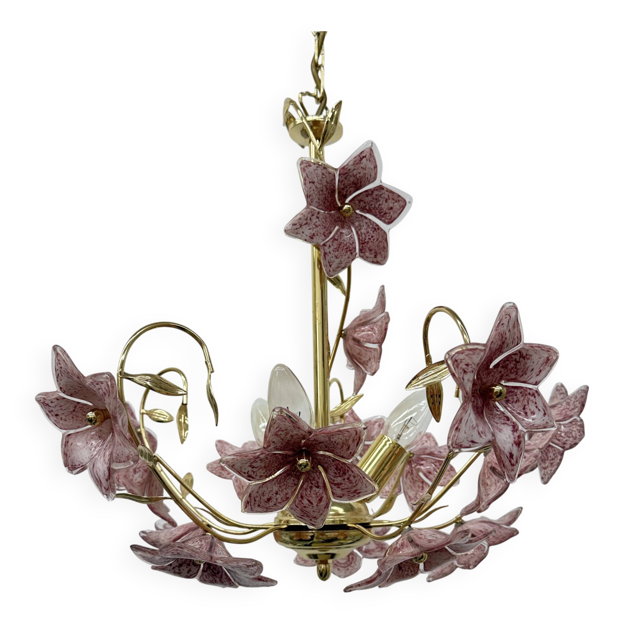 Chandelier with mourn glass pink flowers , 1970s