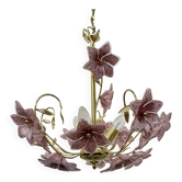 Lustre à fleurs roses en verre soufflé, années 1970