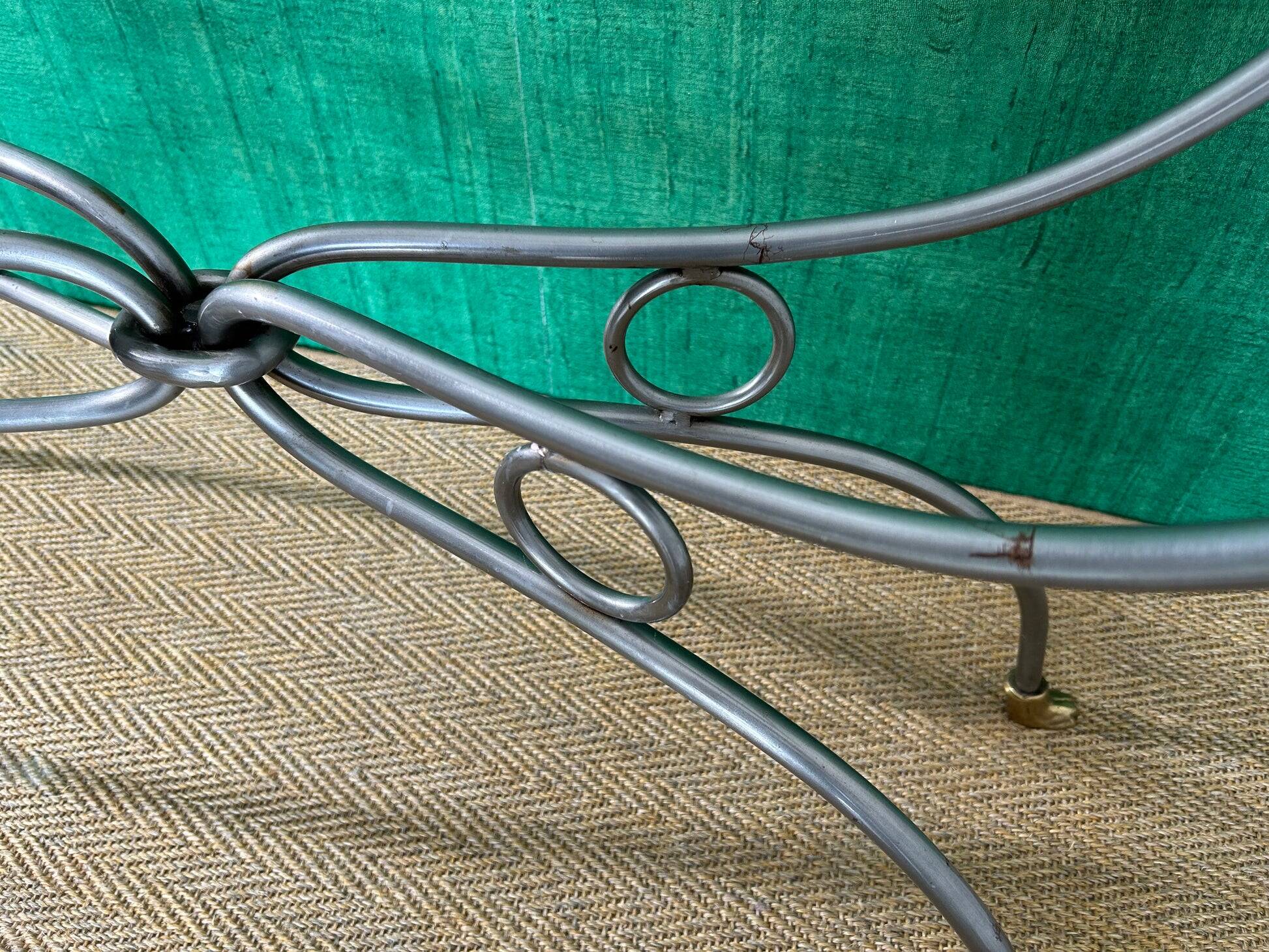 Polished steel and brass console, probably Maison Jansen, France, mid-century modern Hollywood Regency.