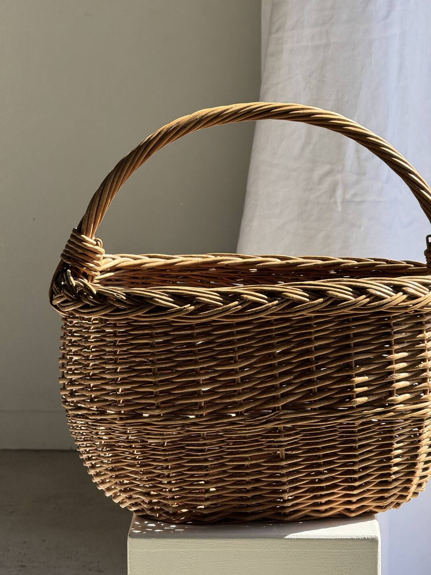Large antique woven wicker basket with handle H45 L43 D25