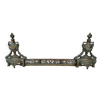 Louis XVI style bronze andirons and fireplace bar