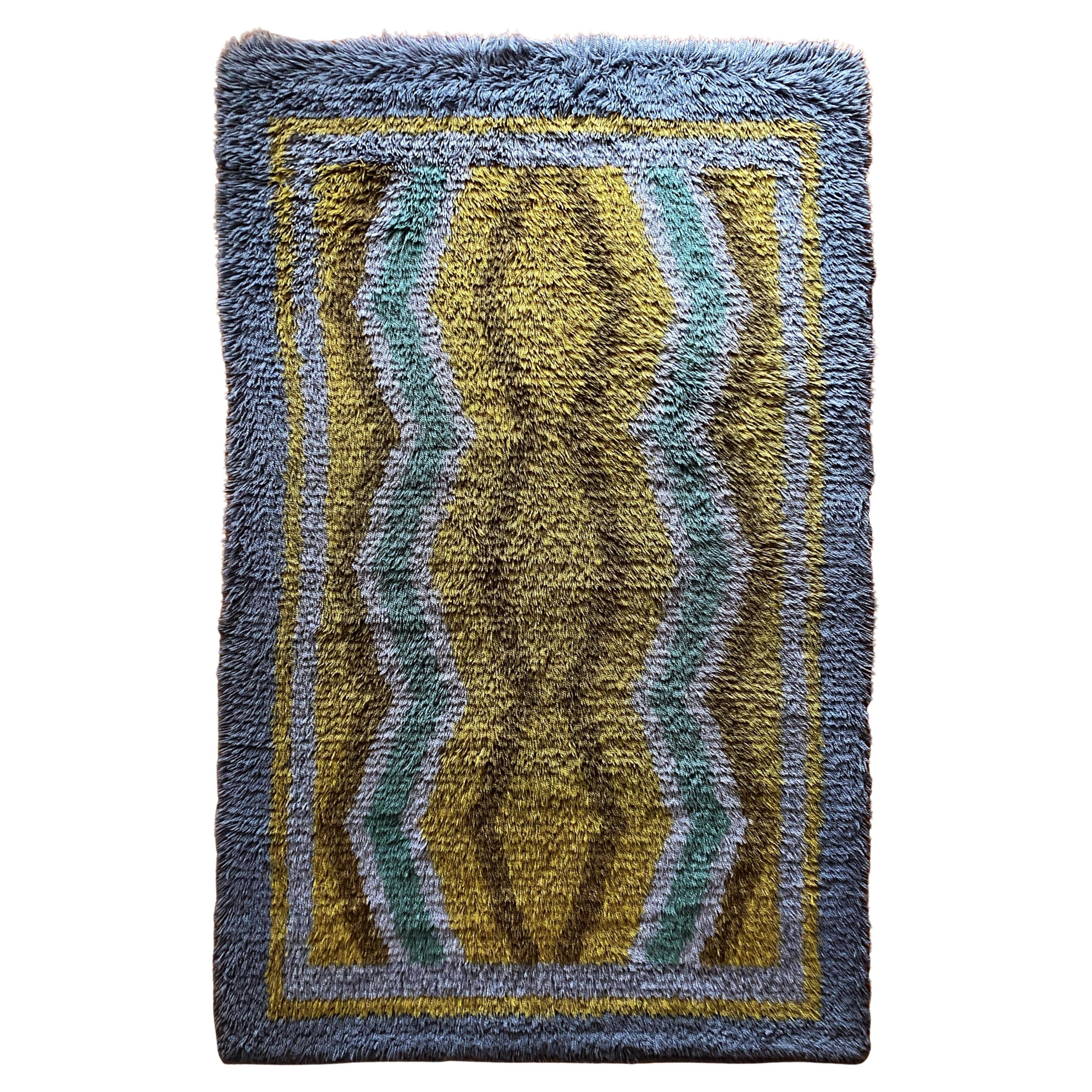 Mid-century Modern High Pile, Yellow, Aquamarine & Grey Rya Rug, Sweden, 1960s