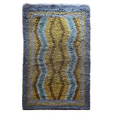 Mid-century Modern High Pile, Yellow, Aquamarine & Grey Rya Rug, Sweden, 1960s
