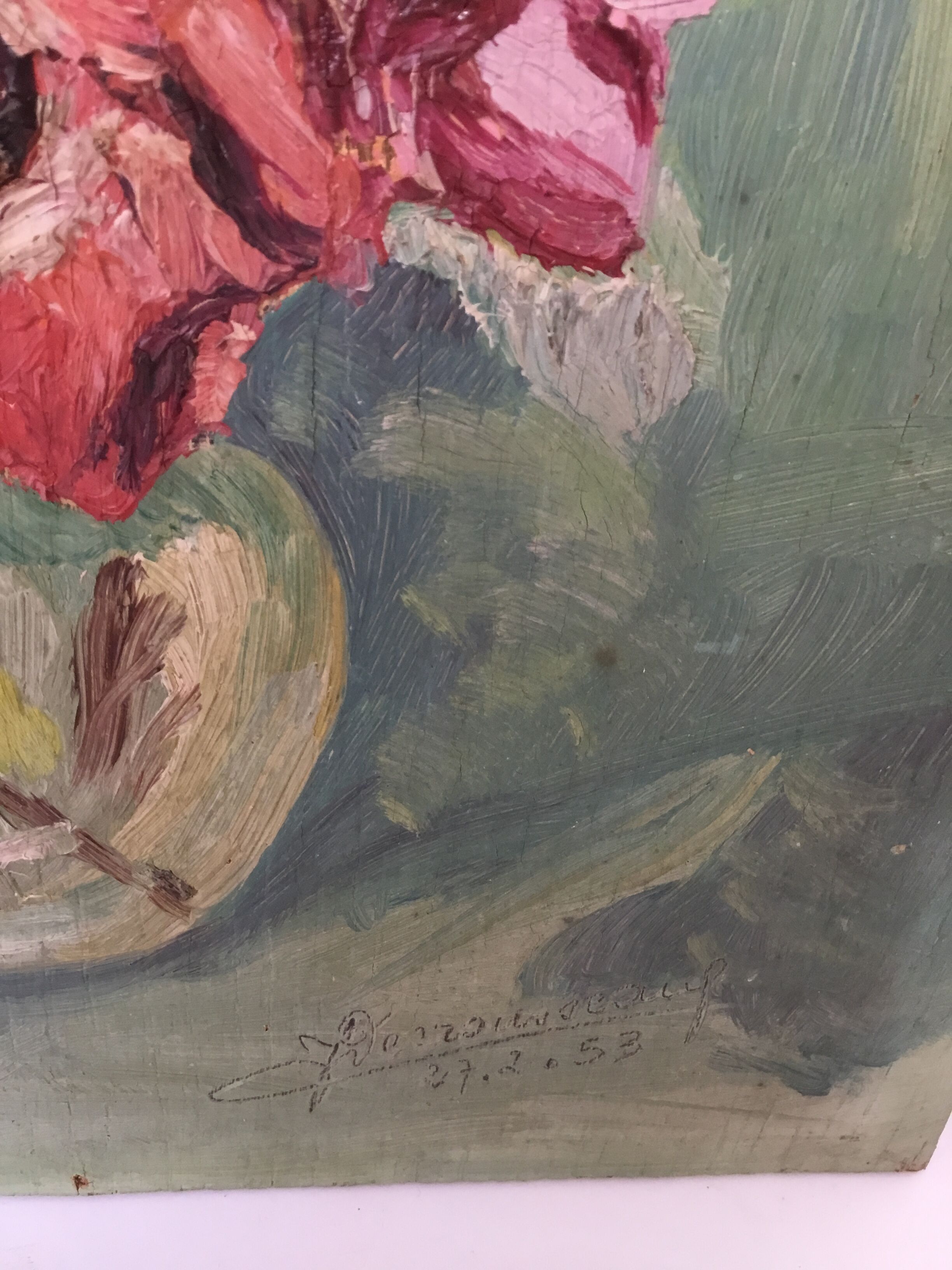 Bouquet of ancient flowers on panel