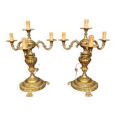 Paire luxueuse de candélabres antiques en bronze doré dans le style exquis de Louis XV.