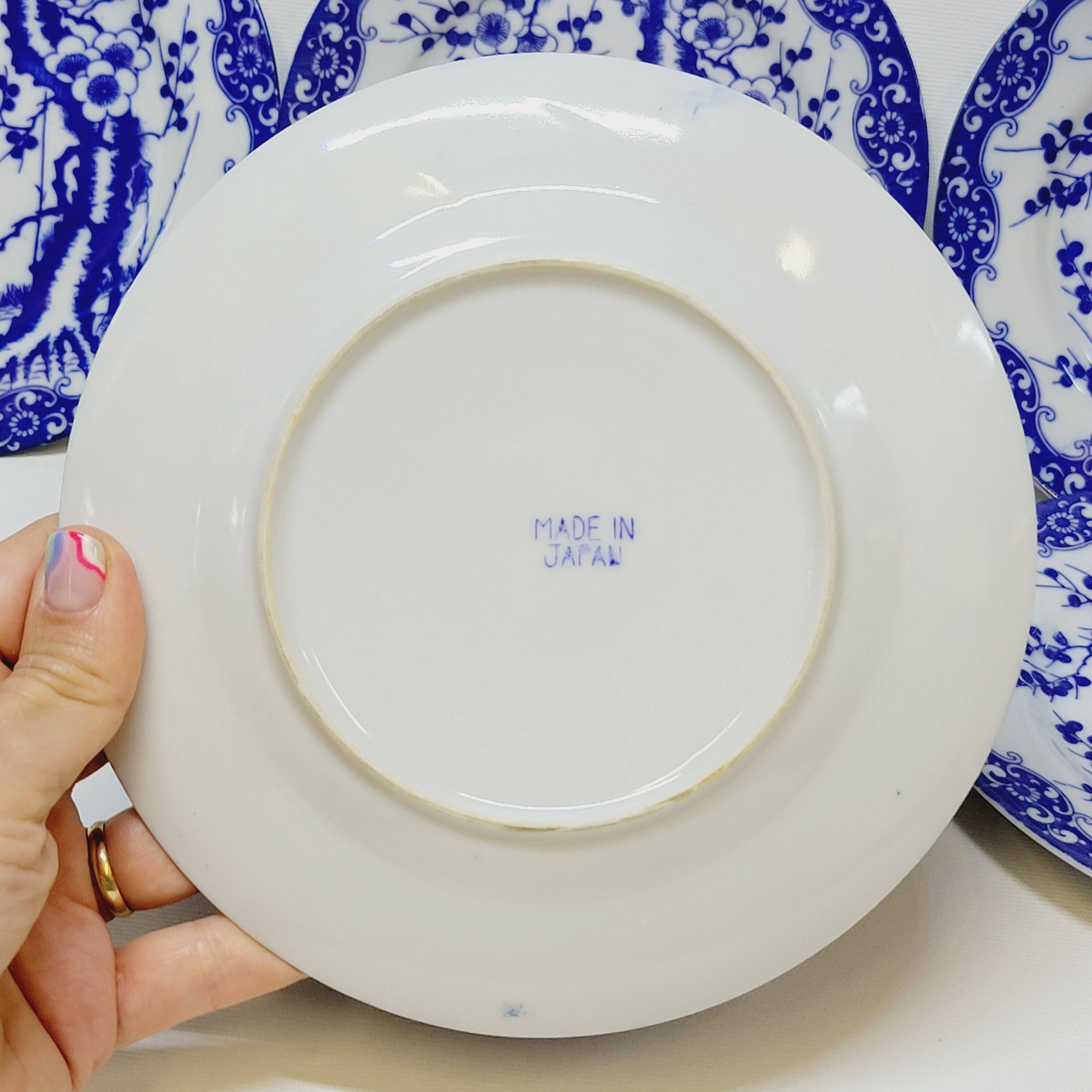 6 Small Dessert Plates in Fine Porcelain with Cherry Blue Decor