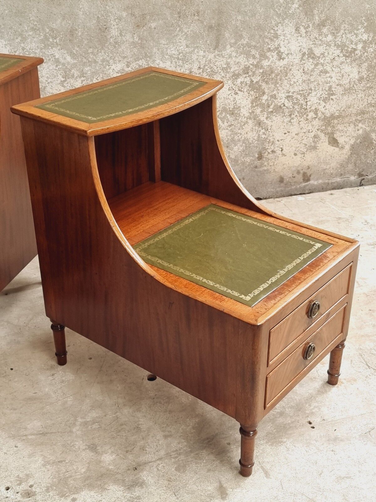 Set of mid century bedside tables with inlaid leather