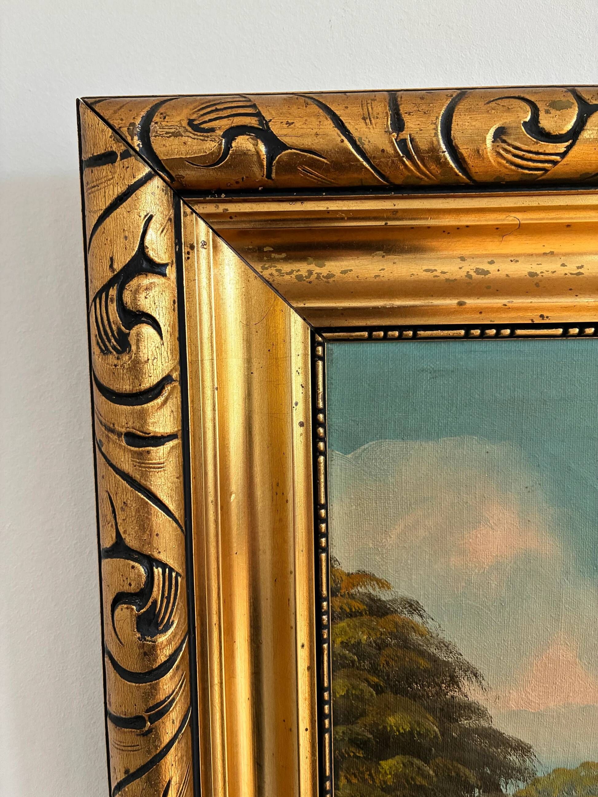 Vintage signed cottage lake landscape oil painting