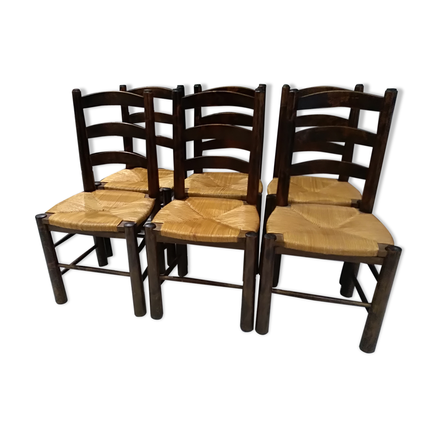 Suite of 6 brutalist straw chairs, 1940s
