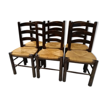 Suite of 6 brutalist straw chairs, 1940s