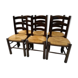 Suite de 6 chaises paille Brutaliste années 1940