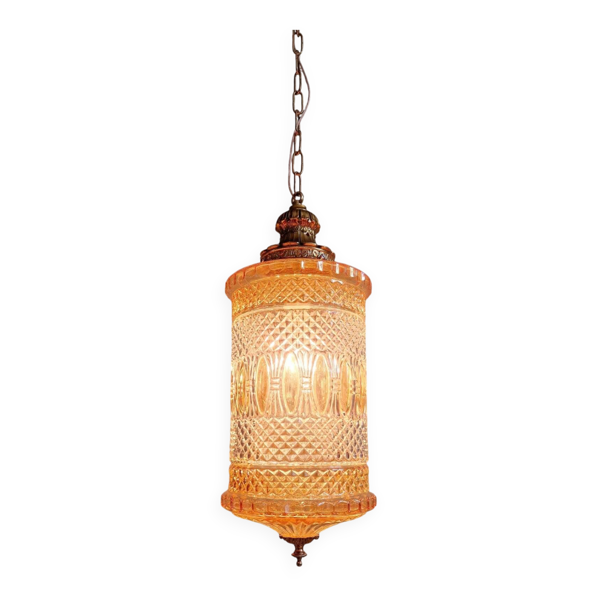 Large glass and brass suspension, lantern type, 1960.