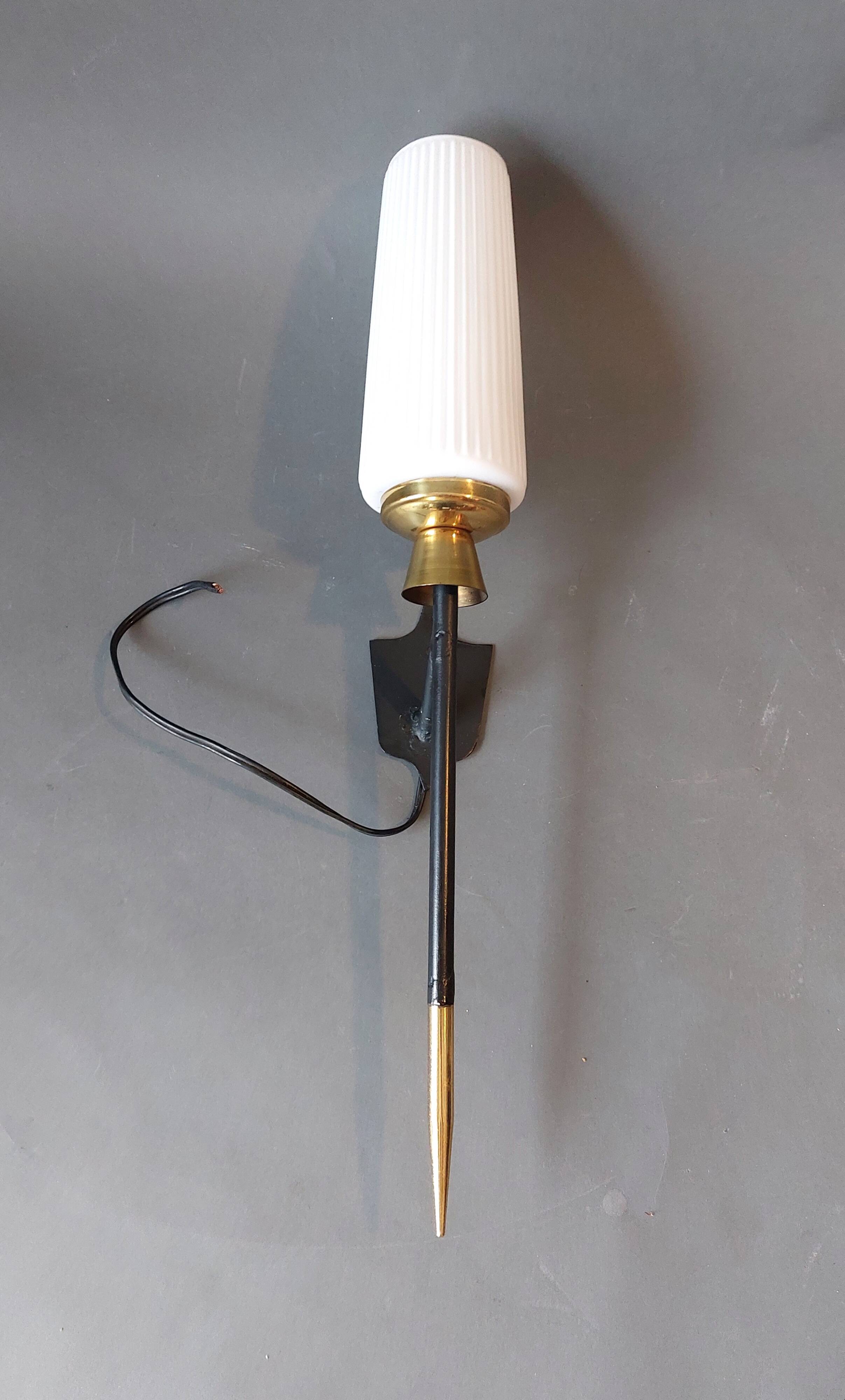 Large 1960 torchiere wall light in black metal, gilded brass and vintage white opaline.