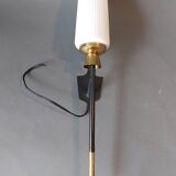 Large 1960 torchiere wall light in black metal, gilded brass and vintage white opaline.
