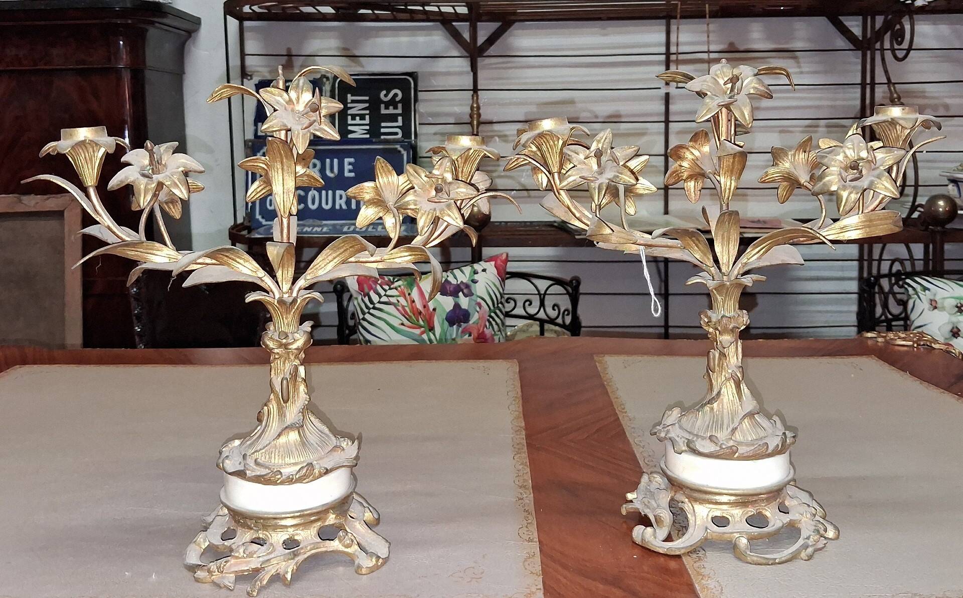 Pair of Louis XV Rocaille Style Candle Holders in Gilded Bronze and Marble