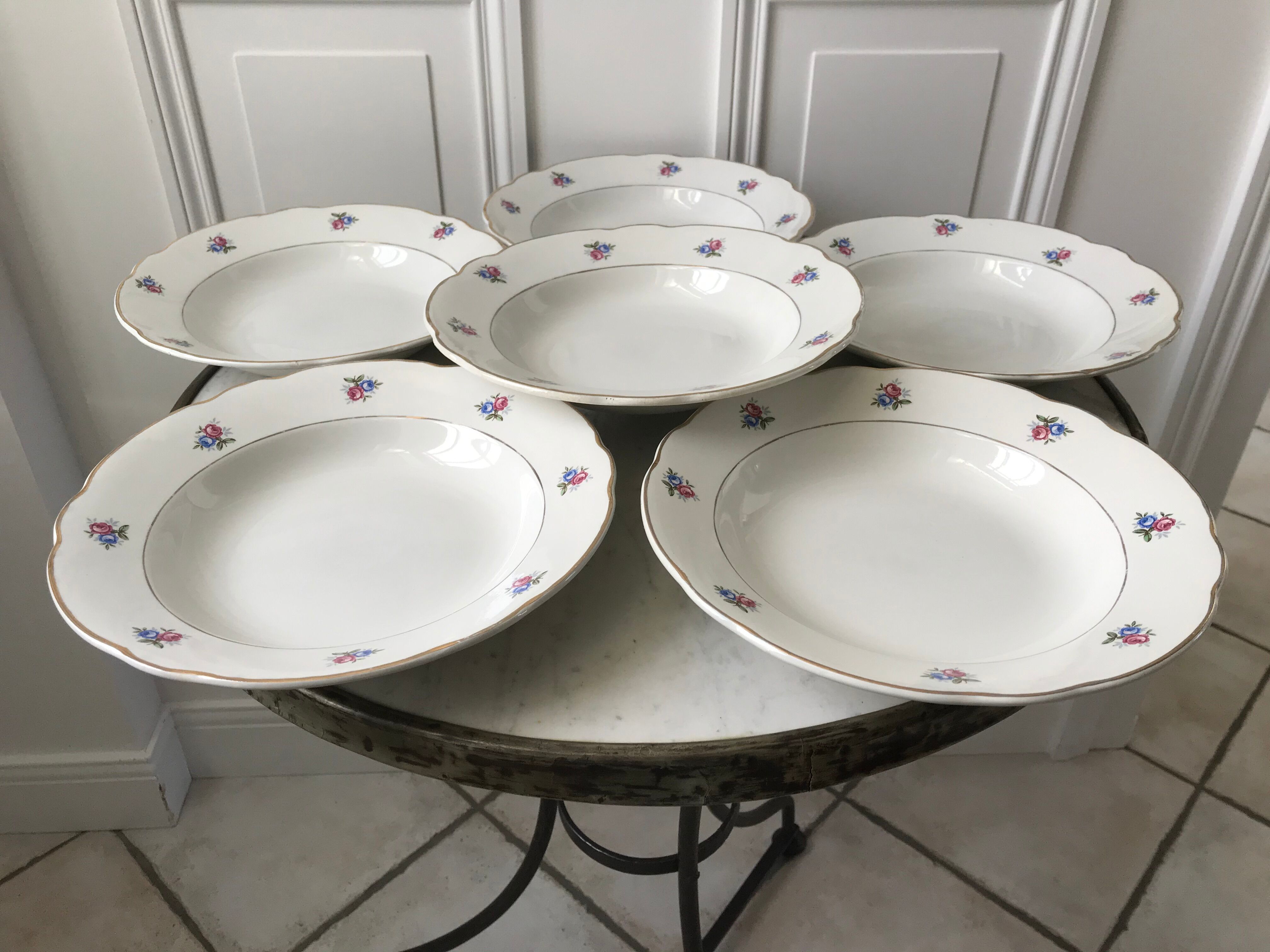 set of 6 hollow plates Digoin Sarreguemines small flowers 50s