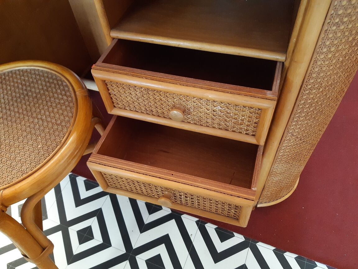 Desk with vintage rattan chair