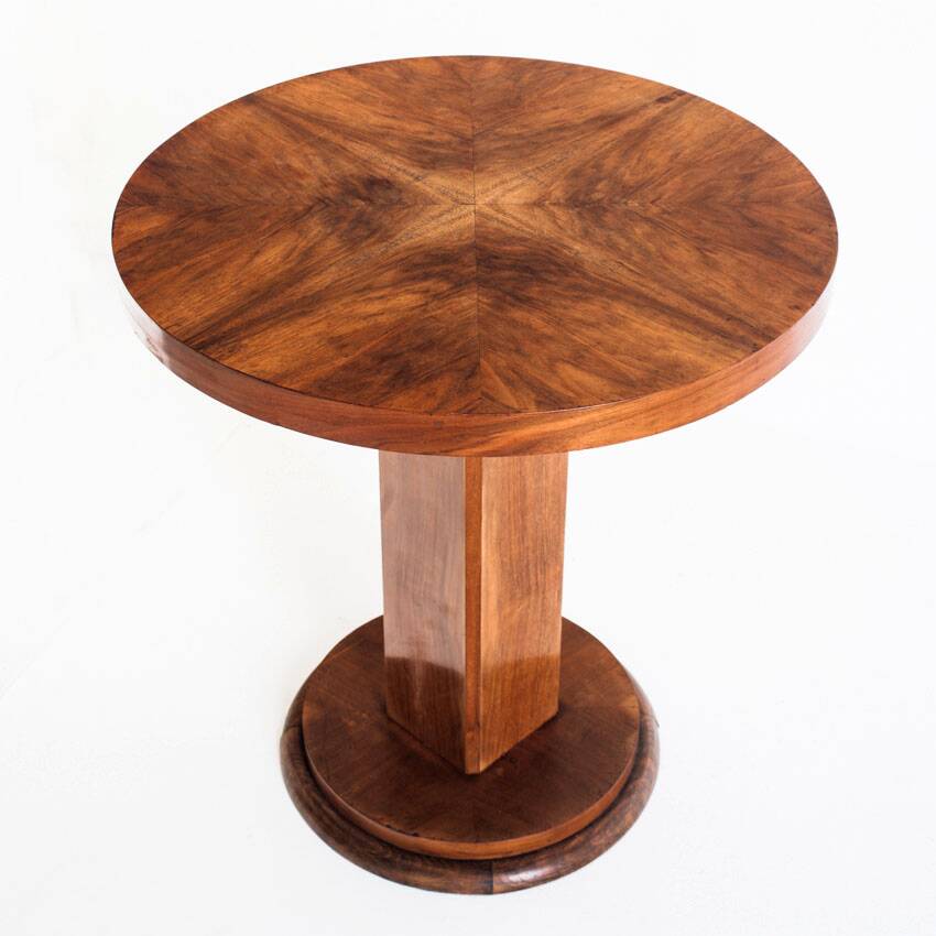 Art Deco style pedestal table in walnut wood veneer. France, 40's