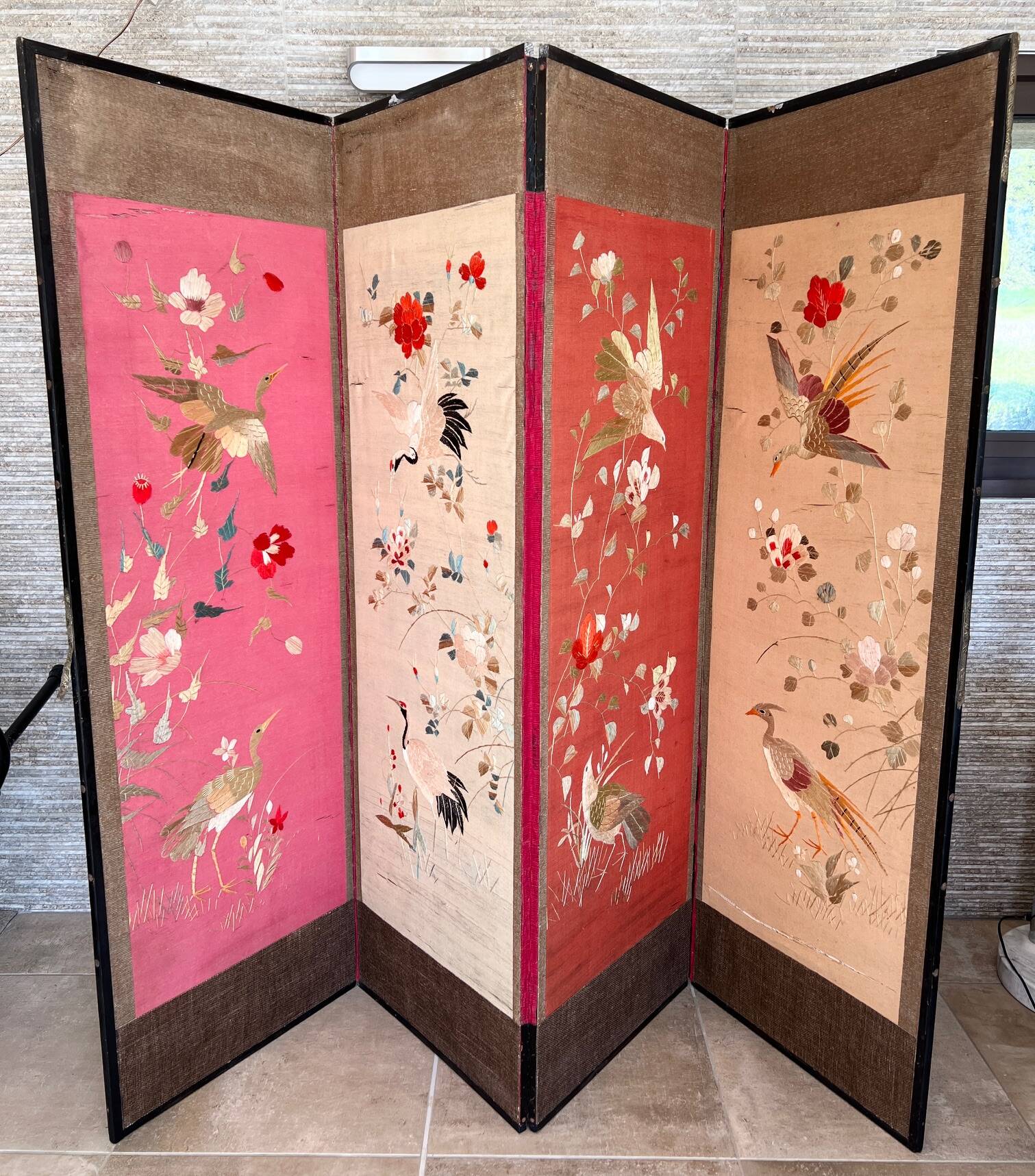 4-panel Japanese screen, 19th century, bird silk embroidery