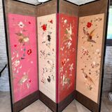 Paravent 4 panneaux japon XIXem, broderie soie oiseau
